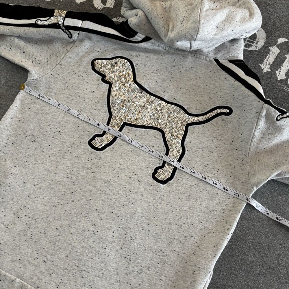 Victoria's Secret PINK Hoodie Silver Sequin Bling Pup Dog Logo Pullover Medium - Picture 14 of 16